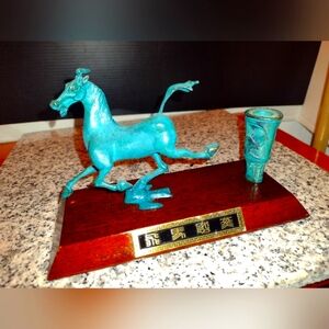 Bronze Tang horse & Pen Holder Mounted On Wood Stand. Chinese.
